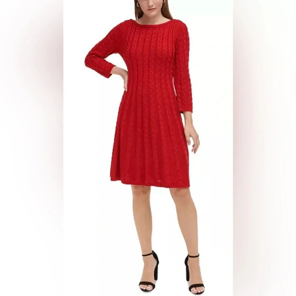 Jessica Howard Cable Knit Sweater Fit & Flare Dress 3/4 Sleeve Red Women’s Large - Picture 1 of 13